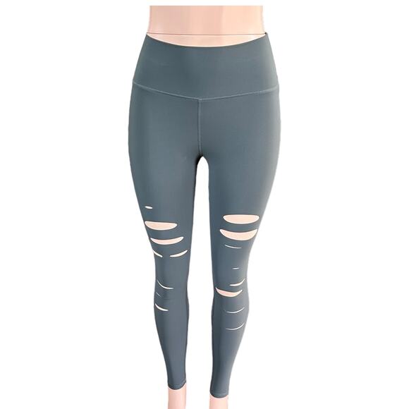 Alo Yoga Grey Ripped Warrior Legging High Rise High Waisted Full Length Size XXS - Picture 3 of 8